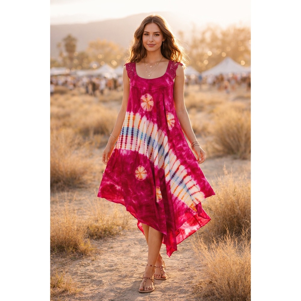 Ingear Resort Pink Tie Dye Dress Lace Shoulder Boho Festival Mini Size S Beach